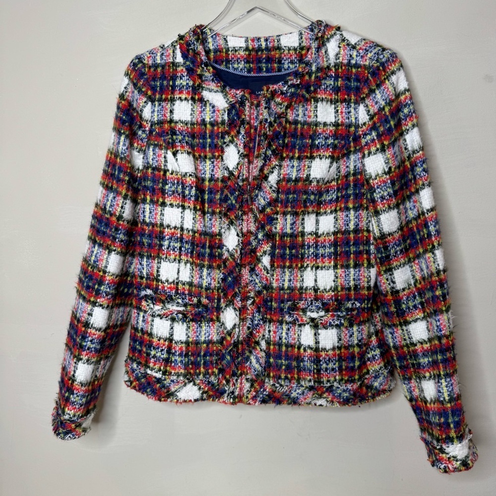 Lands' End Tartan Blue Red Yellow Plaid Blazer Jacket size 8